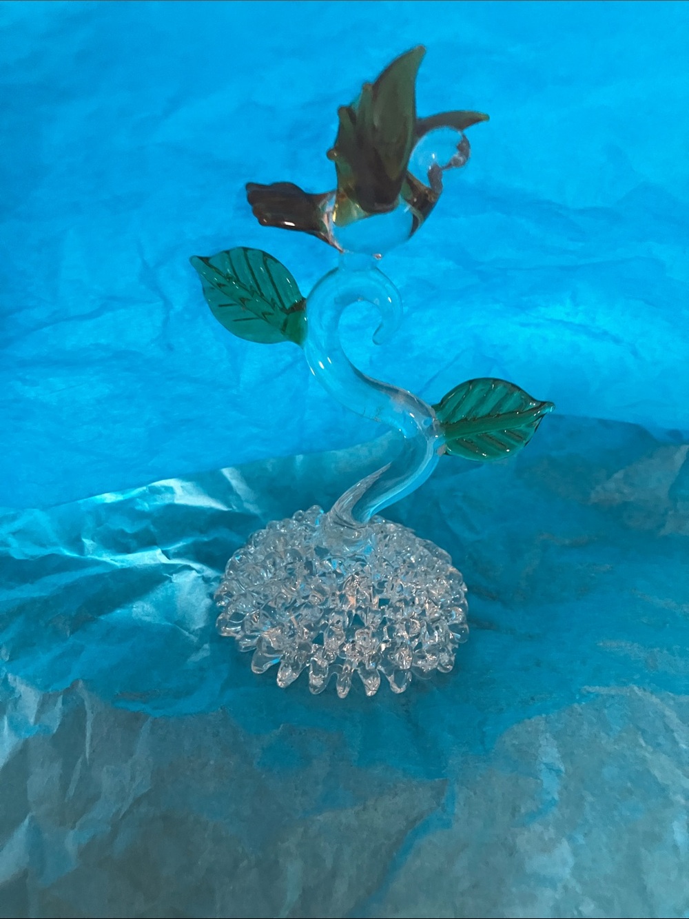 Handmade Clear Glass Flower Sculpture with Green Leaves